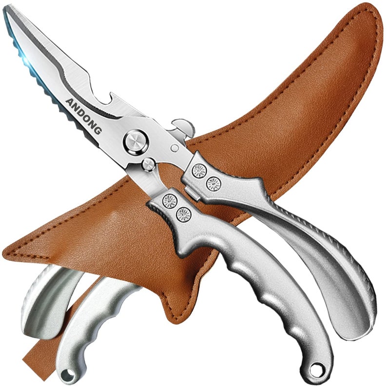 ANDONG Heavy Duty Professional Poultry Shears -Stainless Steel Kitchen & Meat Scissors with Leather Sheath  Dishwasher Safe Spring Loaded Utility Shears for Cooking  Butchering  Cutting - Image 1